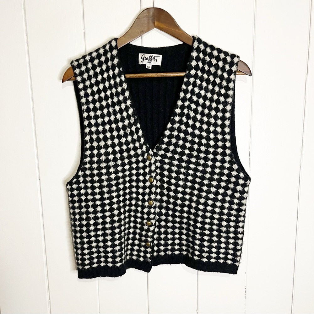 Vintage Graffiti Slanted Checker Print Wool Blend Vest. Size GL